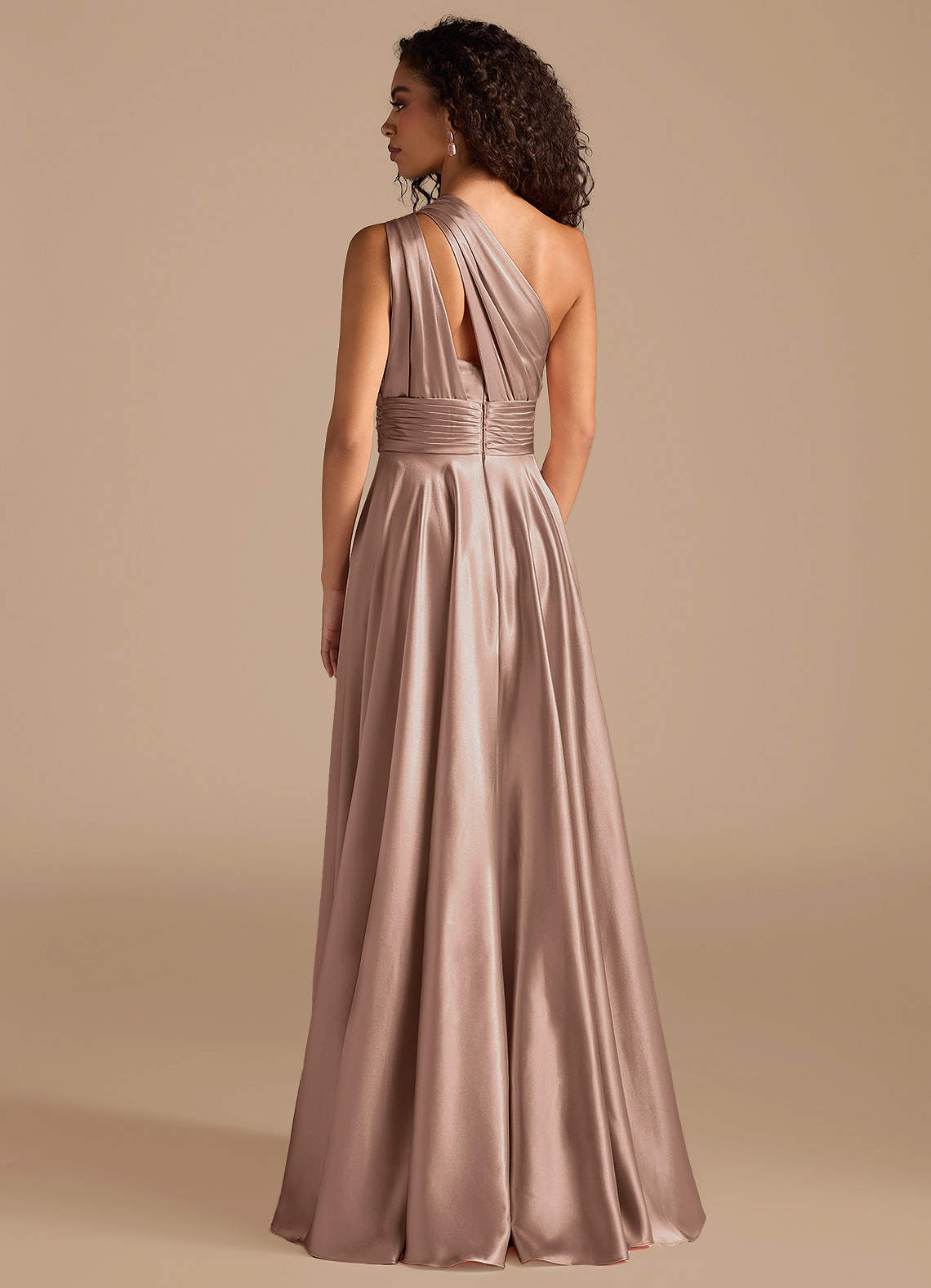 Charlize A-Line One-Shoulder Metallic Satin Bridesmaid Dress in Taupe