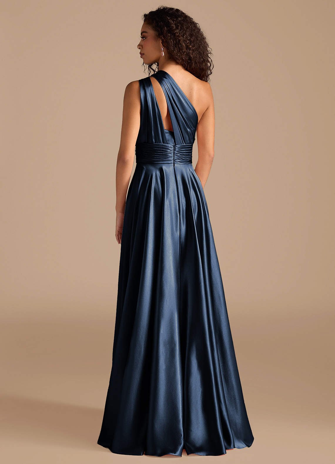 Charlize A-Line One-Shoulder Metallic Satin Bridesmaid Dress in Dark Navy