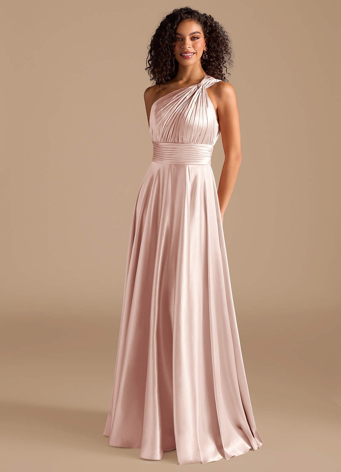 Charlize A-Line One-Shoulder Metallic Satin Bridesmaid Dress in Blushing Pink