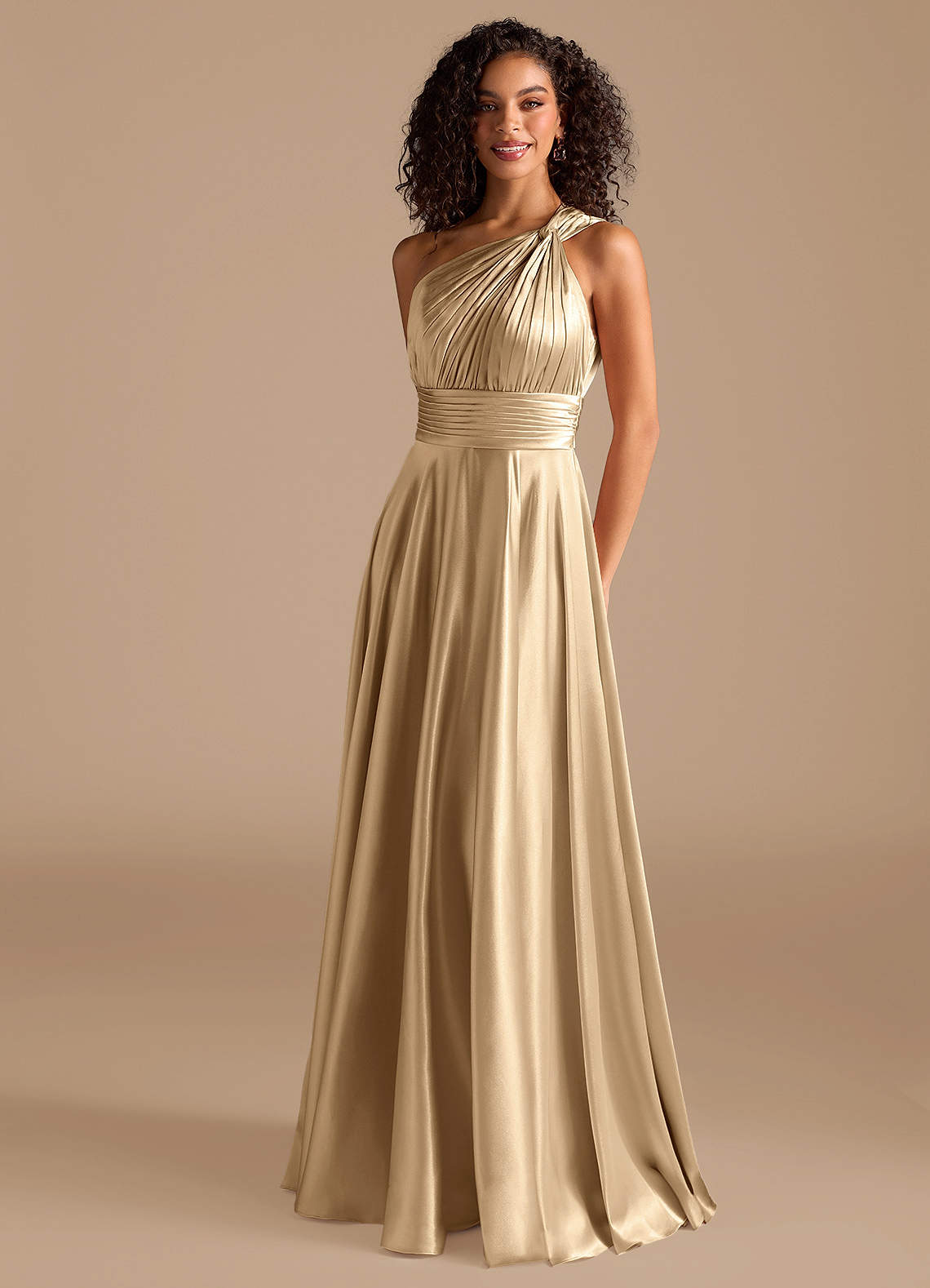 Charlize A-Line One-Shoulder Metallic Satin Bridesmaid Dress in Champagne