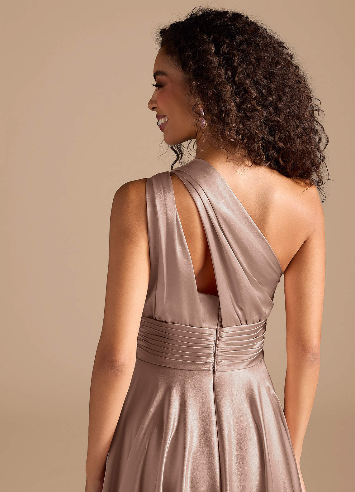 Charlize A-Line One-Shoulder Metallic Satin Bridesmaid Dress in Taupe