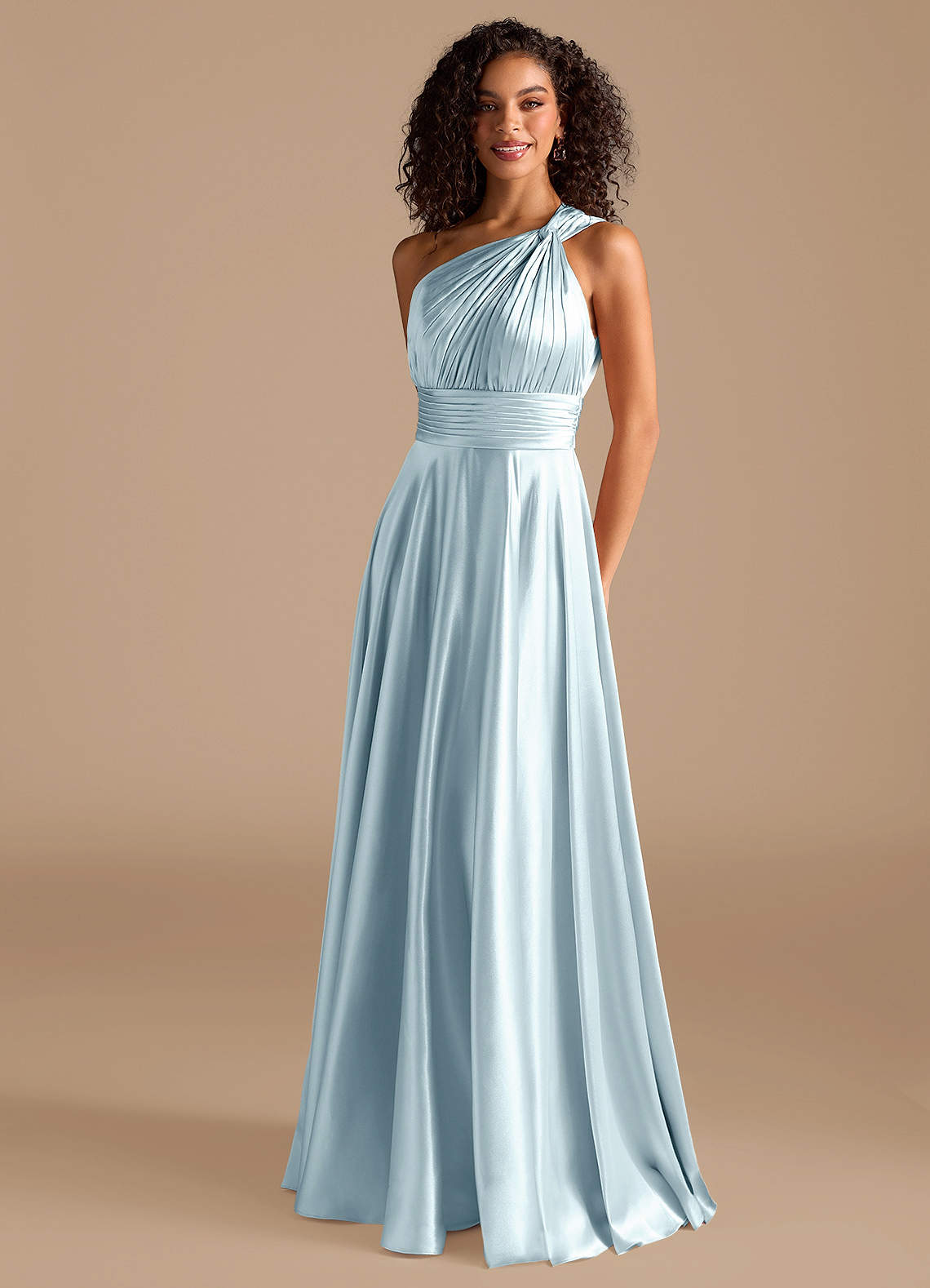 Charlize A-Line One-Shoulder Metallic Satin Bridesmaid Dress in Sky Blue