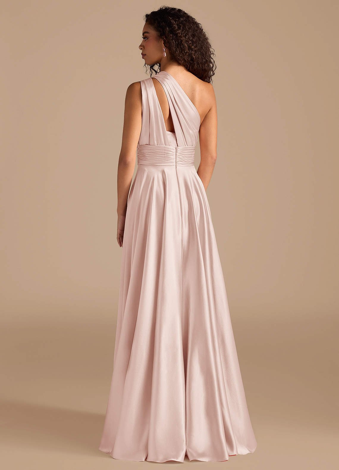 Charlize A-Line One-Shoulder Metallic Satin Bridesmaid Dress in Blushing Pink