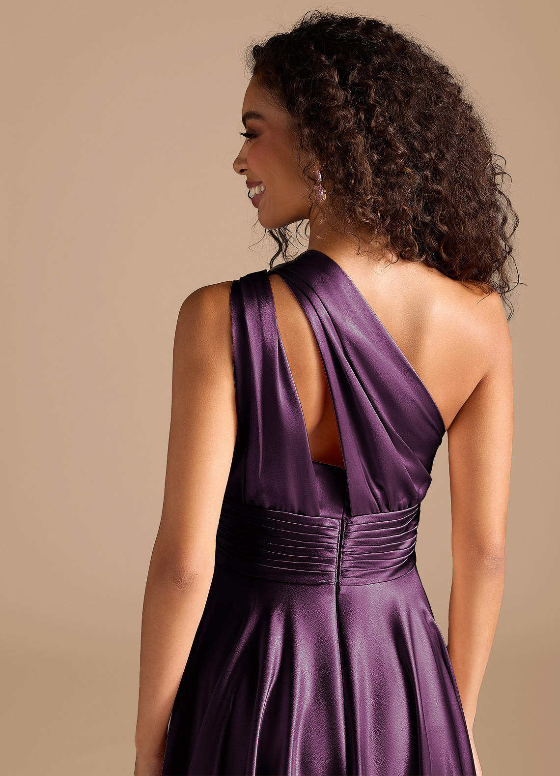 Charlize A-Line One-Shoulder Metallic Satin Bridesmaid Dress in Plum