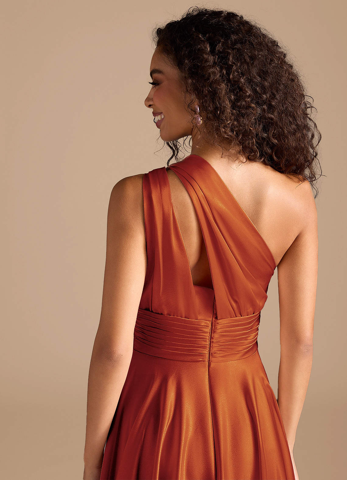 Charlize A-Line One-Shoulder Metallic Satin Bridesmaid Dress in Paprika