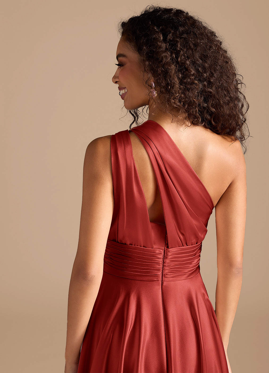 Charlize A-Line One-Shoulder Metallic Satin Bridesmaid Dress in Rust