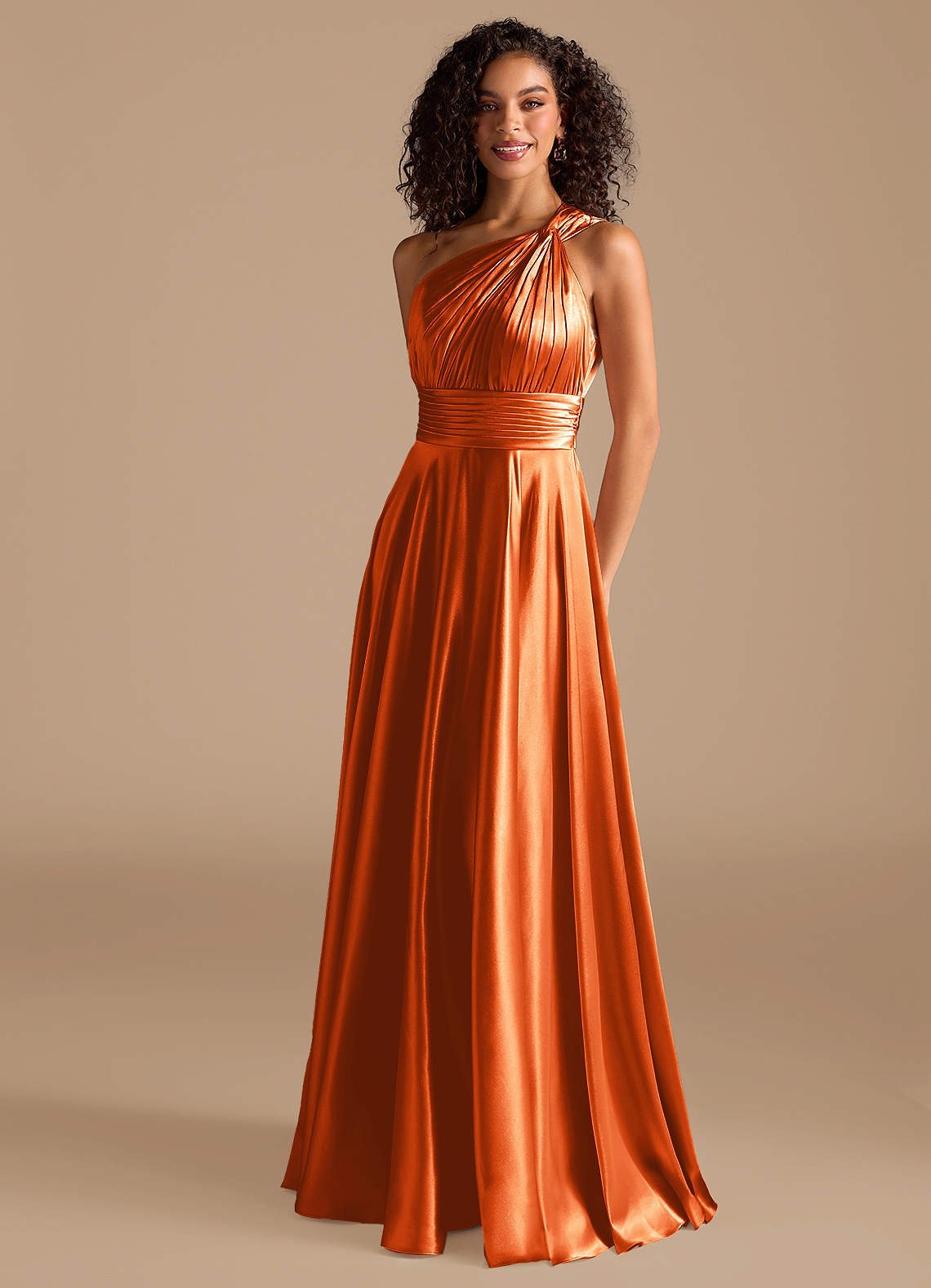Charlize A-Line One-Shoulder Metallic Satin Bridesmaid Dress in Burnt Orange