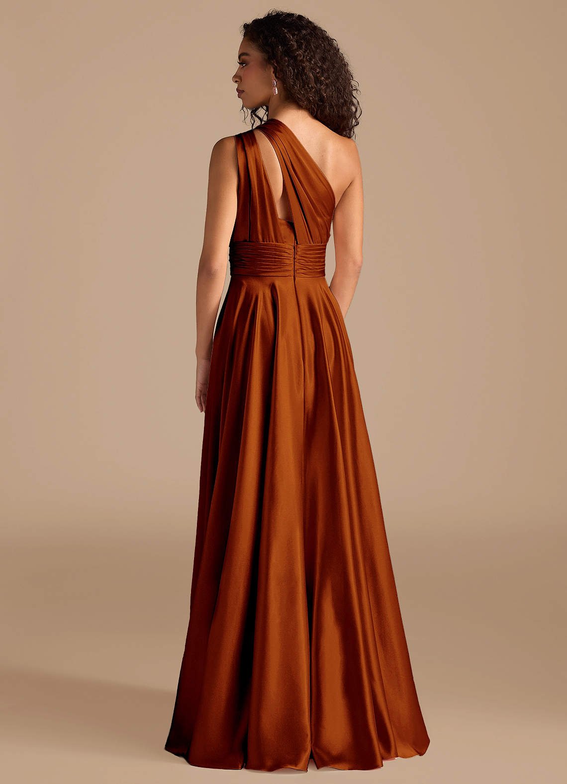 Charlize A-Line One-Shoulder Metallic Satin Bridesmaid Dress in Auburn
