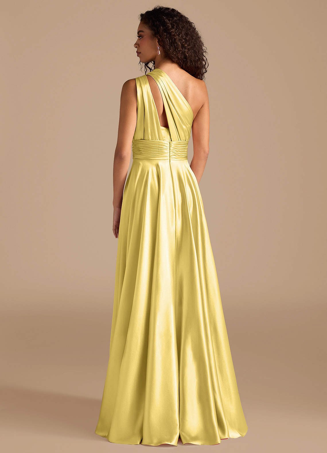 Charlize A-Line One-Shoulder Metallic Satin Bridesmaid Dress in Canary