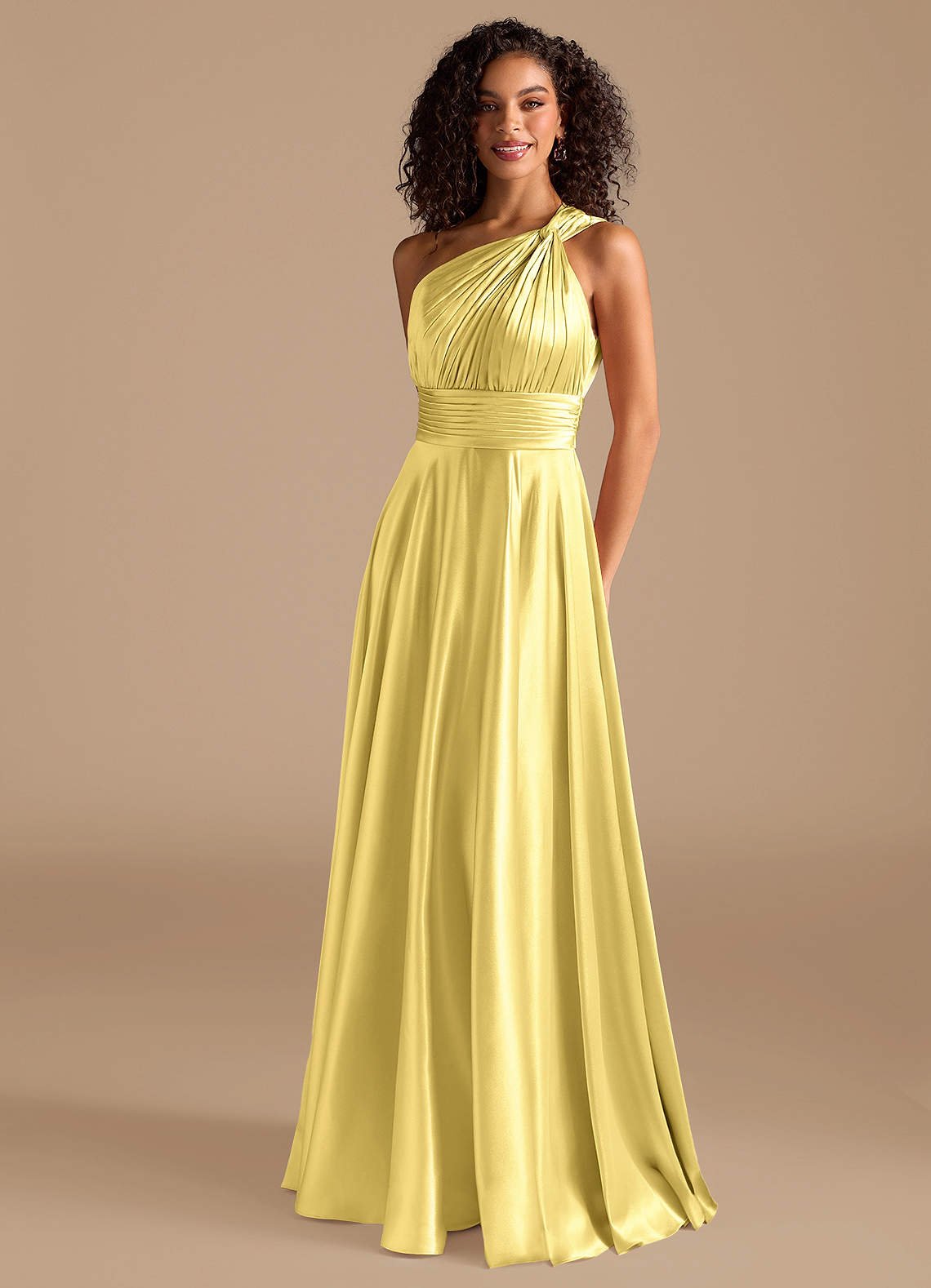 Charlize A-Line One-Shoulder Metallic Satin Bridesmaid Dress in Canary