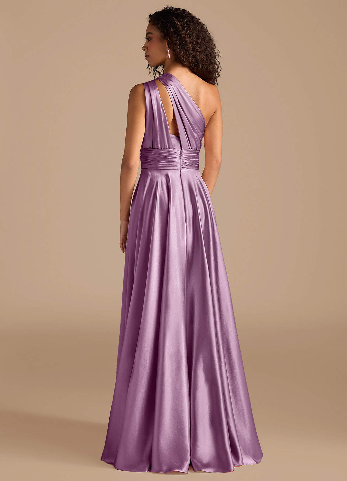 Charlize A-Line One-Shoulder Metallic Satin Bridesmaid Dress in Wisteria