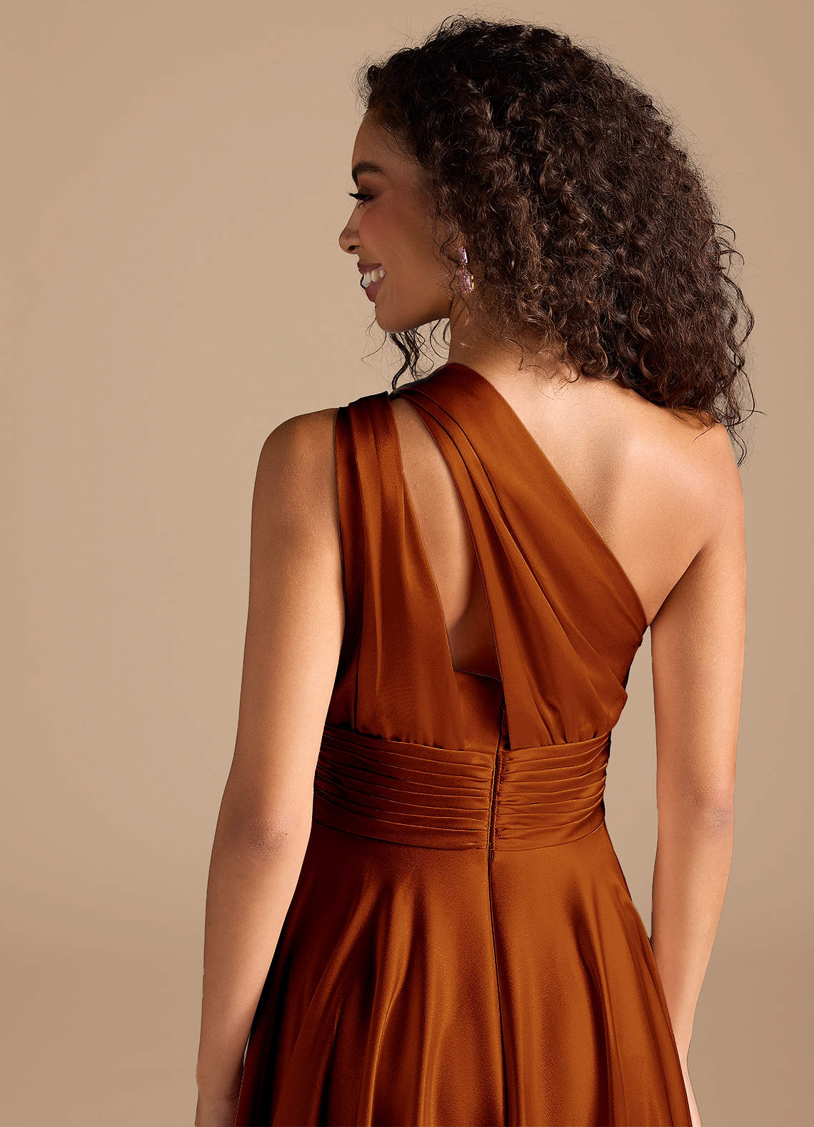 Charlize A-Line One-Shoulder Metallic Satin Bridesmaid Dress in Auburn