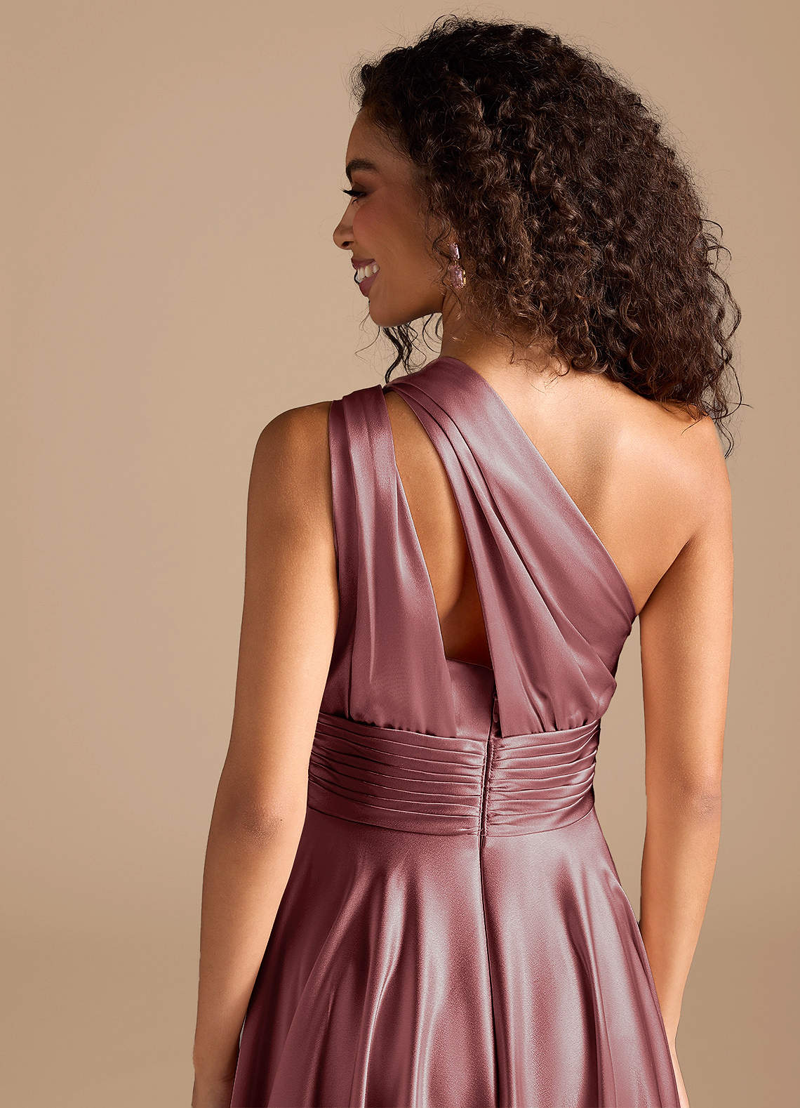 Charlize A-Line One-Shoulder Metallic Satin Bridesmaid Dress in Vintage Mauve