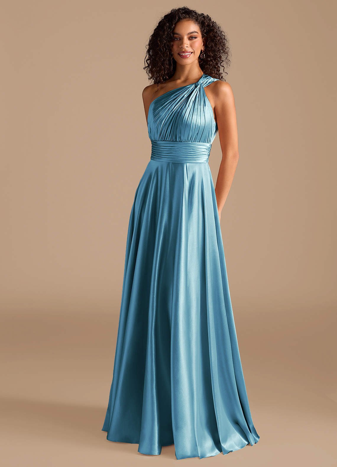 Charlize A-Line One-Shoulder Metallic Satin Bridesmaid Dress in Steel Blue
