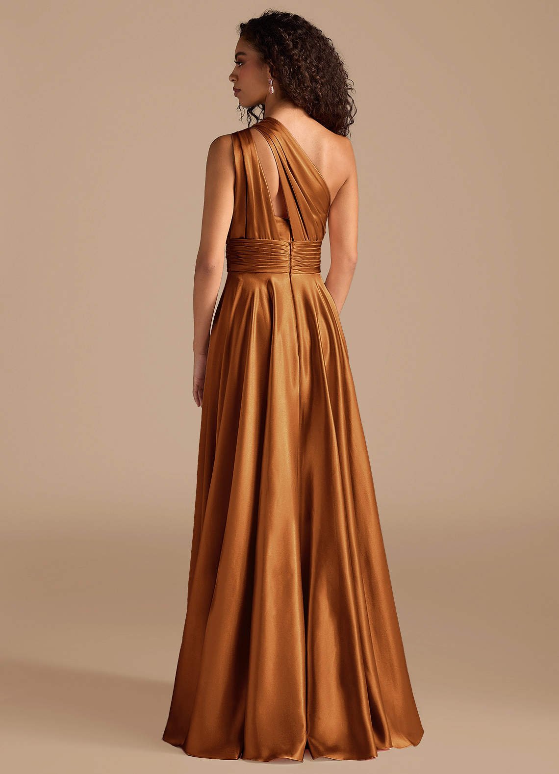 Charlize A-Line One-Shoulder Metallic Satin Bridesmaid Dress in Copper