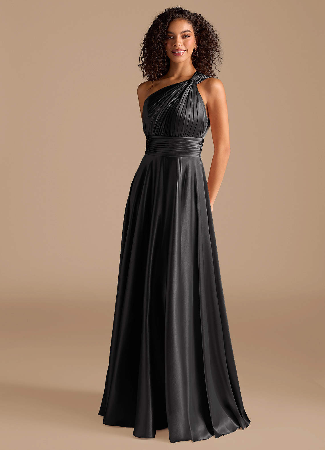 Charlize A-Line One-Shoulder Metallic Satin Bridesmaid Dress in black