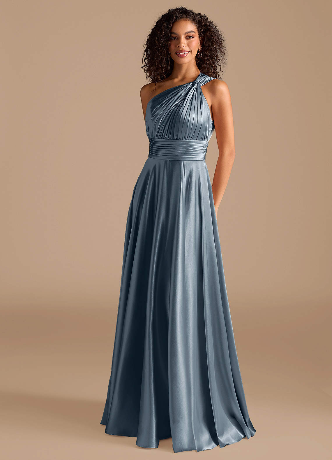 Charlize A-Line One-Shoulder Metallic Satin Bridesmaid Dress in Twilight