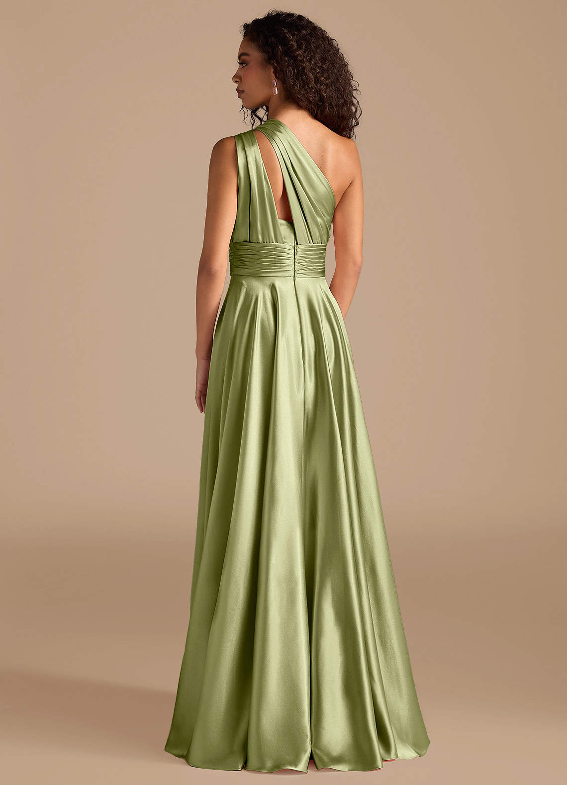 Charlize A-Line One-Shoulder Metallic Satin Bridesmaid Dress in Pistachio