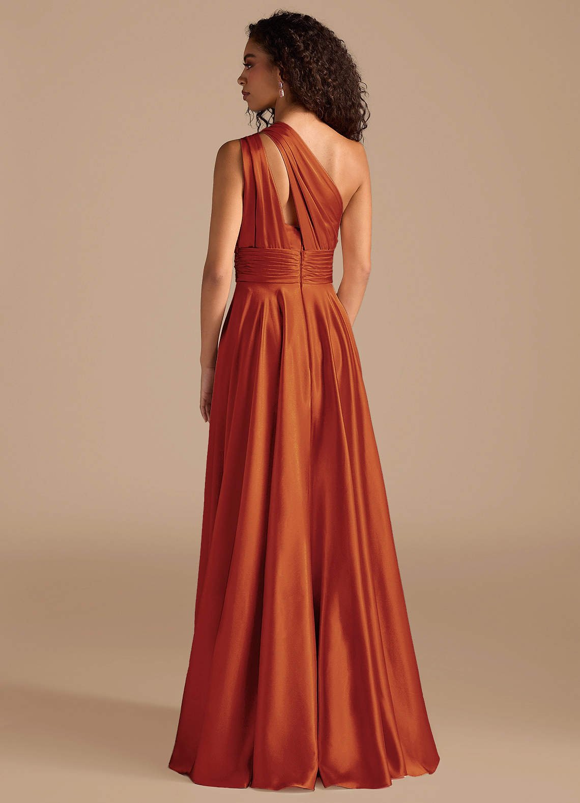Charlize A-Line One-Shoulder Metallic Satin Bridesmaid Dress in Paprika