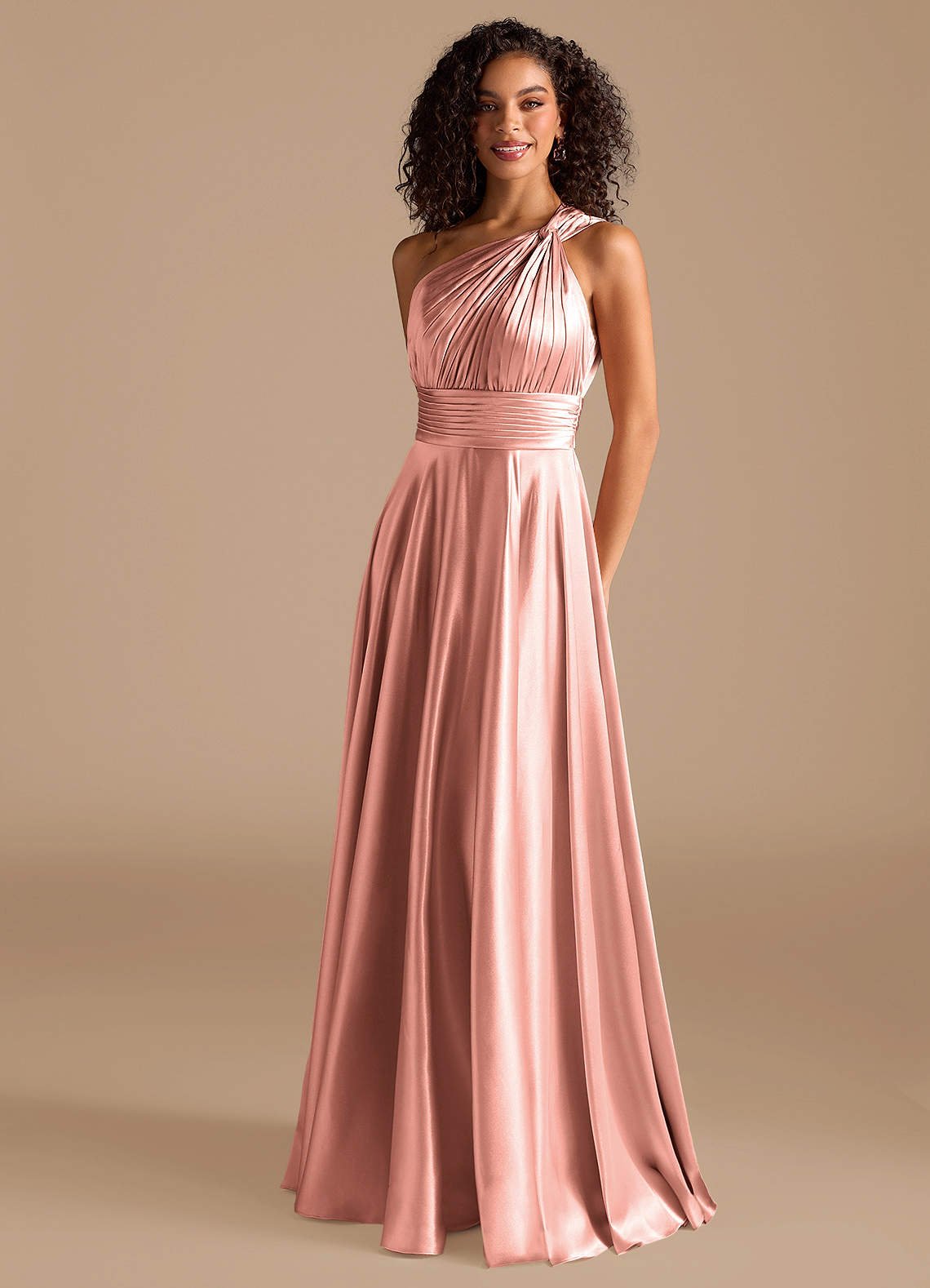 Charlize A-Line One-Shoulder Metallic Satin Bridesmaid Dress in Rosette