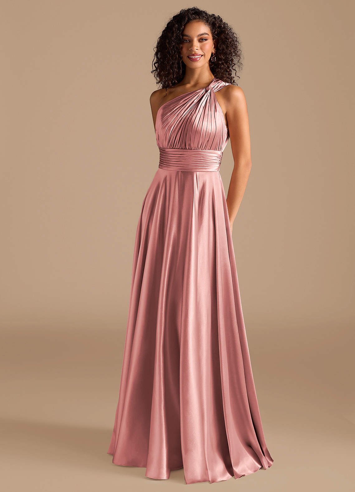 Charlize A-Line One-Shoulder Metallic Satin Bridesmaid Dress in dusty rose