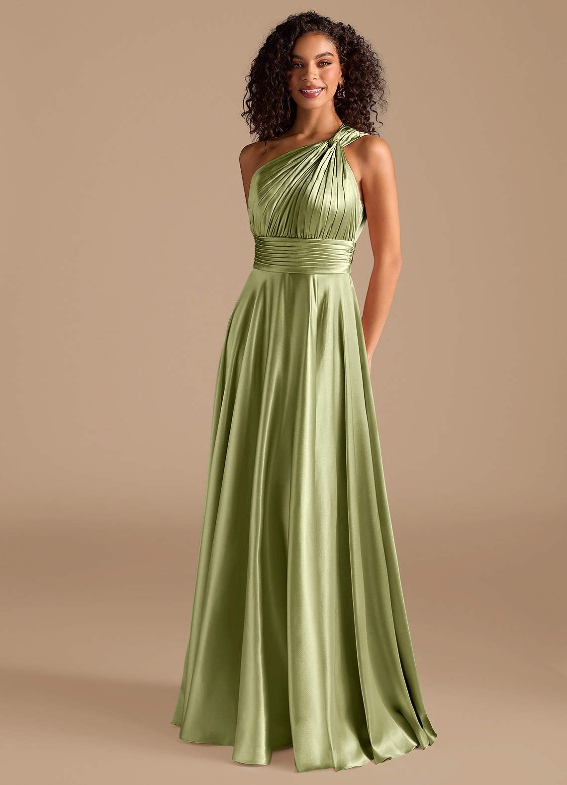 Charlize A-Line One-Shoulder Metallic Satin Bridesmaid Dress in Pistachio