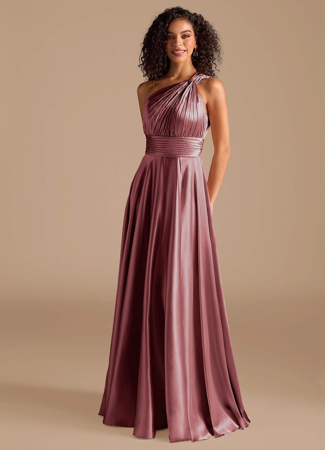 Charlize A-Line One-Shoulder Metallic Satin Bridesmaid Dress in Vintage Mauve