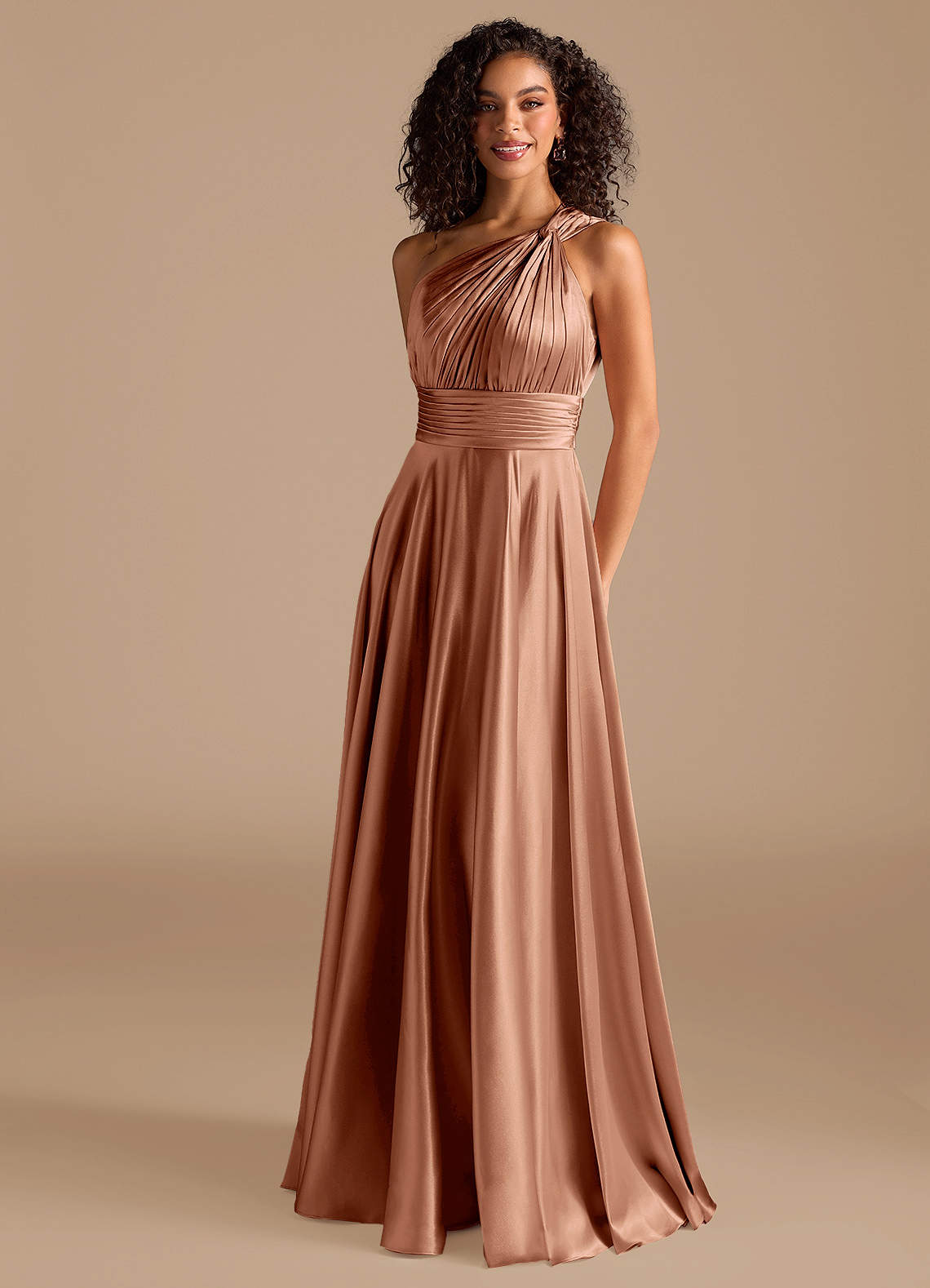 Charlize A-Line One-Shoulder Metallic Satin Bridesmaid Dress in Bronzer
