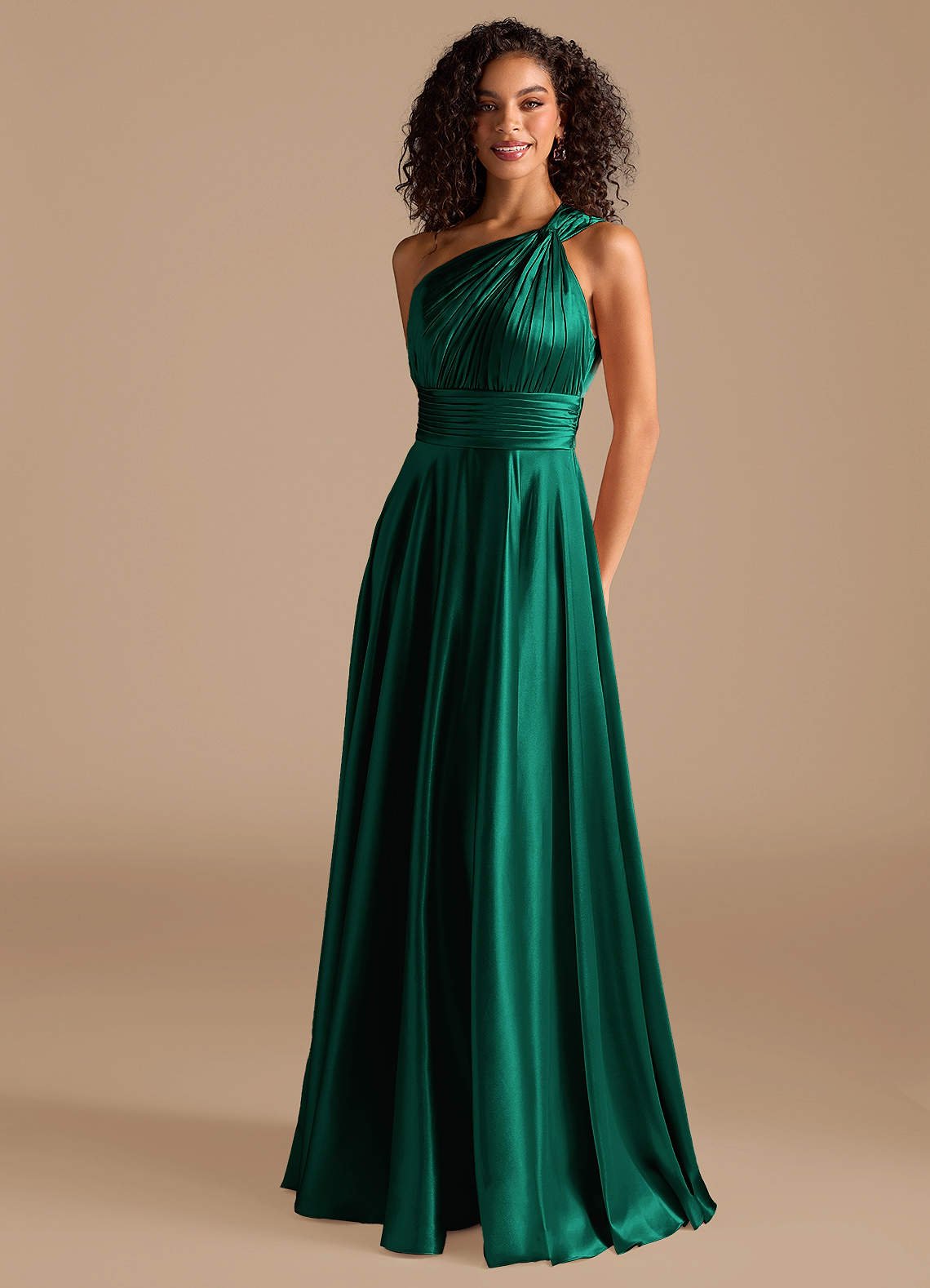 Charlize A-Line One-Shoulder Metallic Satin Bridesmaid Dress in Emerald