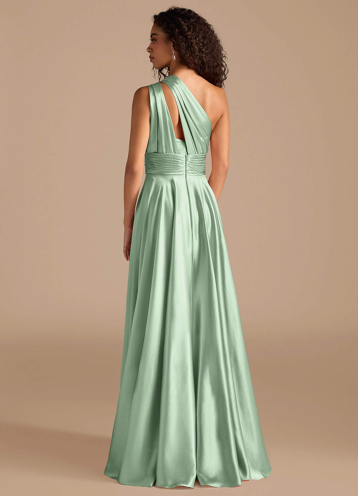 Charlize A-Line One-Shoulder Metallic Satin Bridesmaid Dress in Matcha