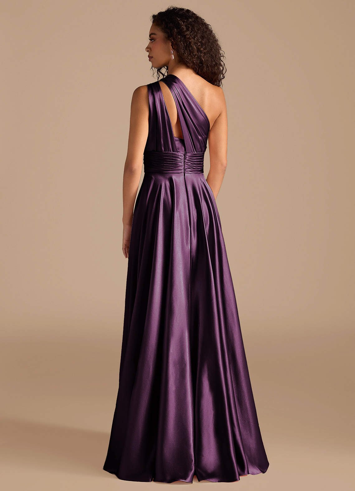 Charlize A-Line One-Shoulder Metallic Satin Bridesmaid Dress in Plum