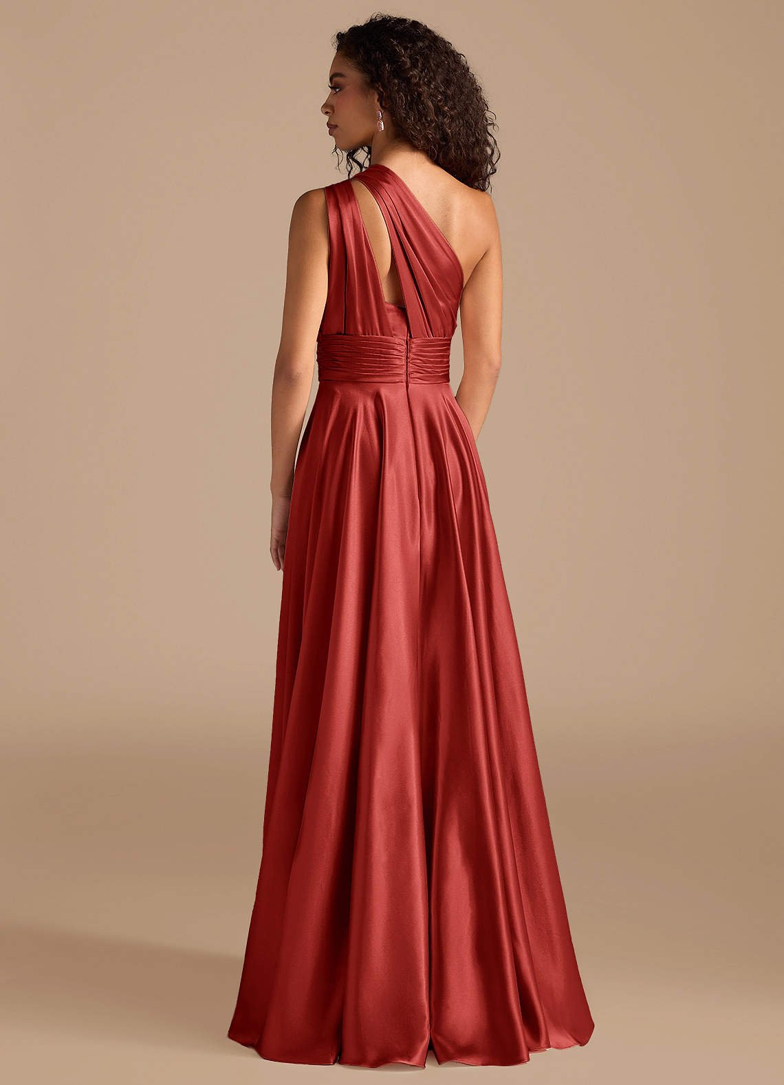 Charlize A-Line One-Shoulder Metallic Satin Bridesmaid Dress in Rust