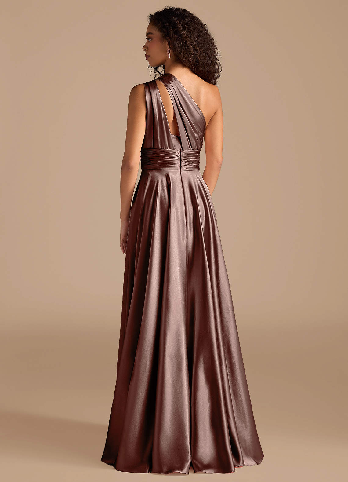 Charlize A-Line One-Shoulder Metallic Satin Bridesmaid Dress in Espresso
