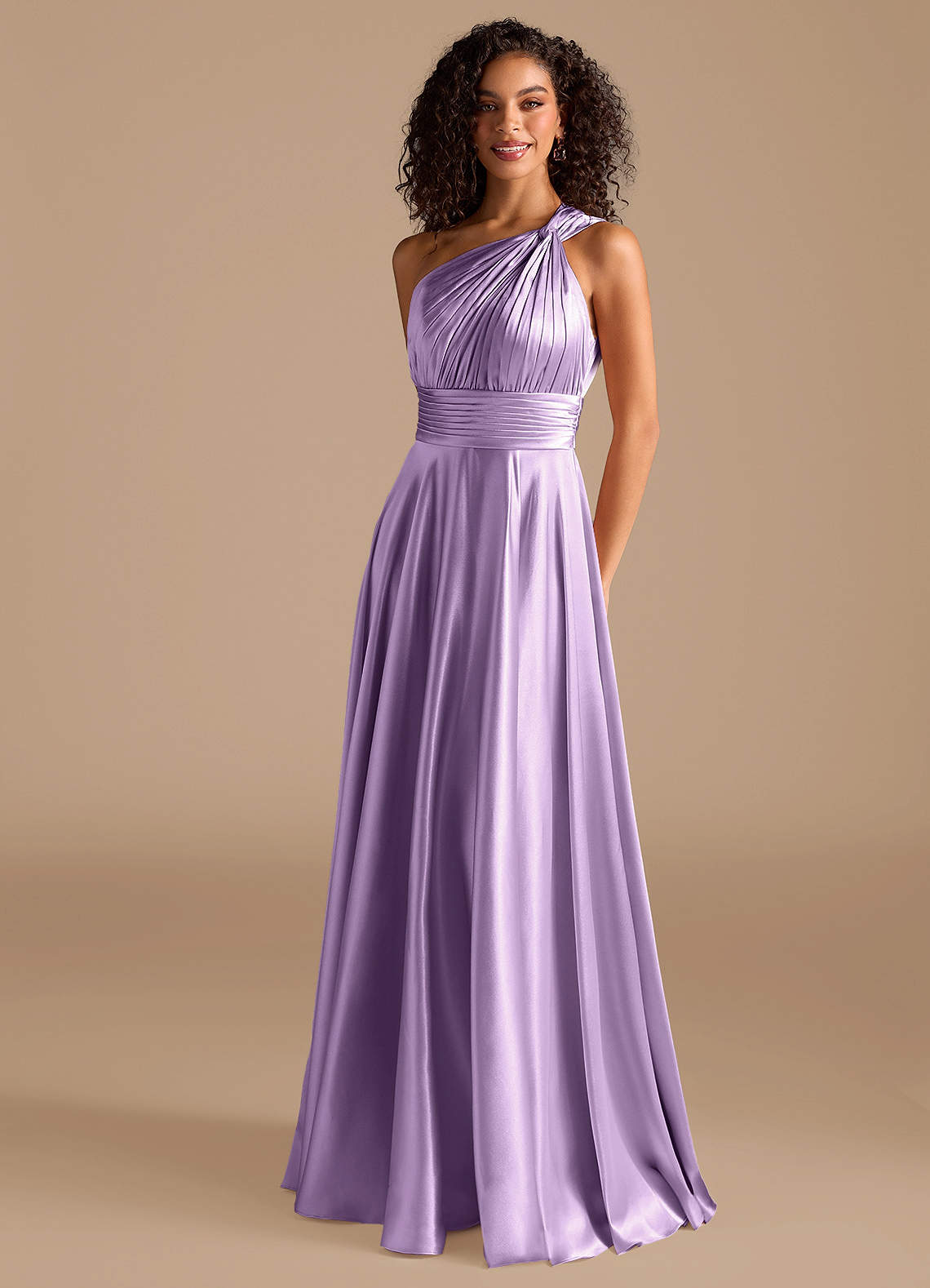 Charlize A-Line One-Shoulder Metallic Satin Bridesmaid Dress in Lilac
