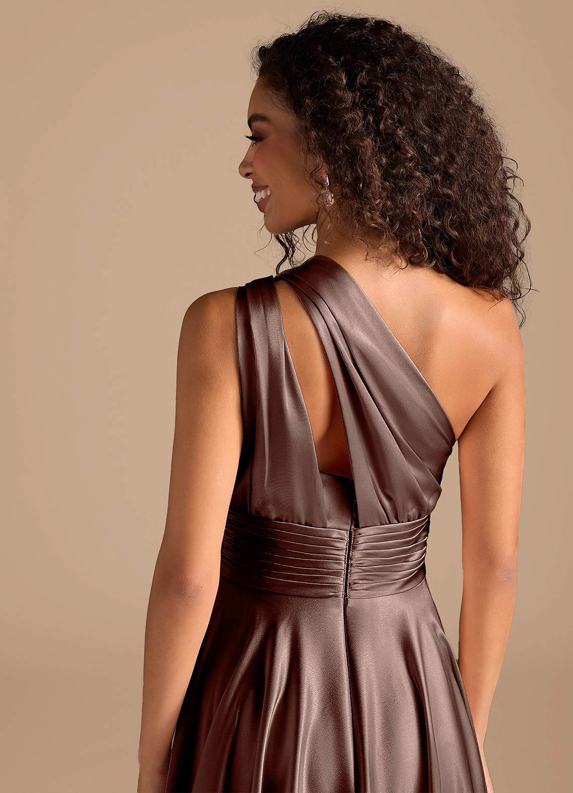 Charlize A-Line One-Shoulder Metallic Satin Bridesmaid Dress in Espresso