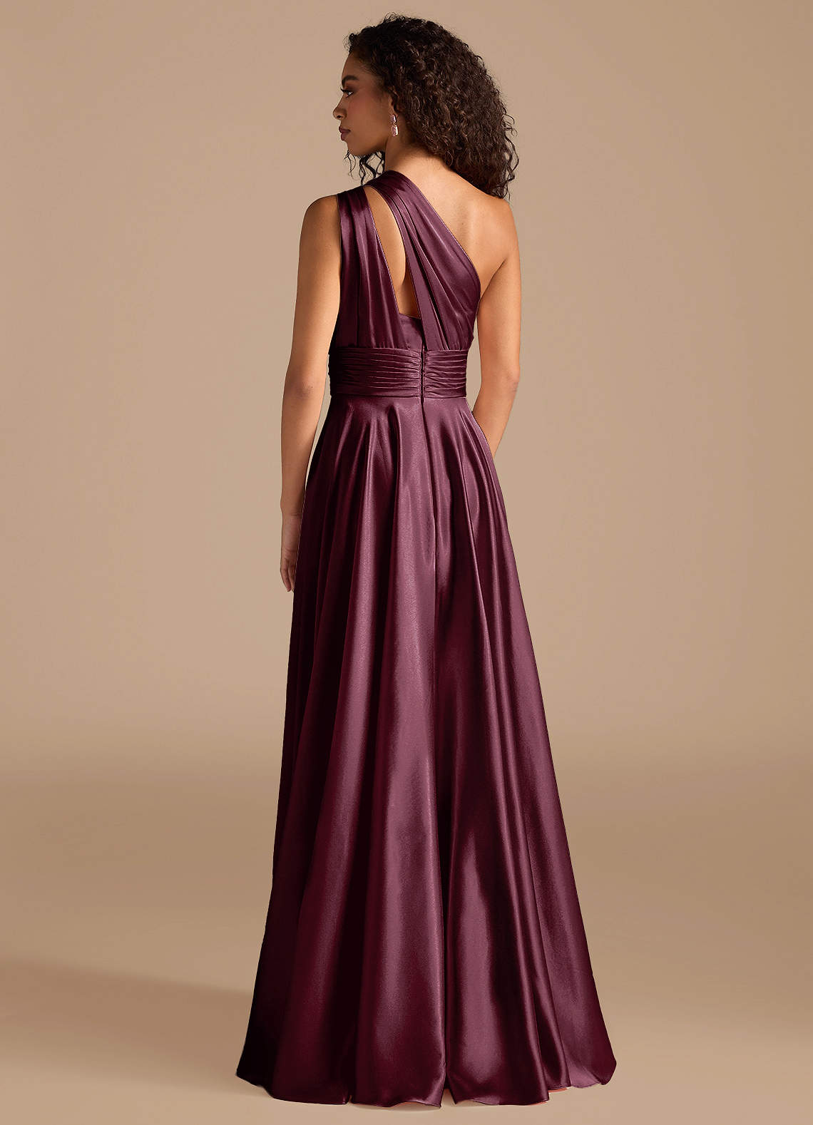 Charlize A-Line One-Shoulder Metallic Satin Bridesmaid Dress in Cabernet