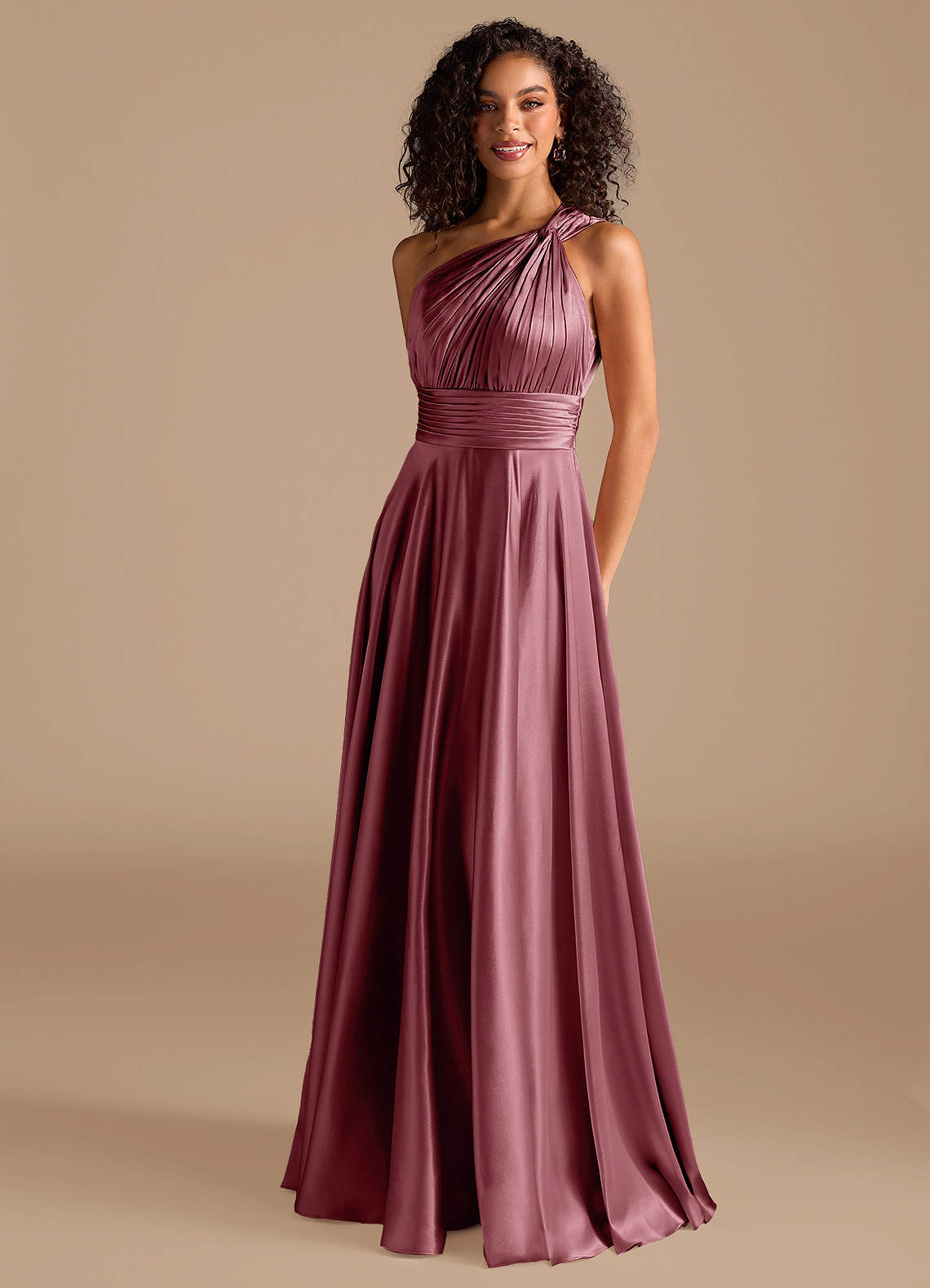Charlize A-Line One-Shoulder Metallic Satin Bridesmaid Dress in Desert Rose
