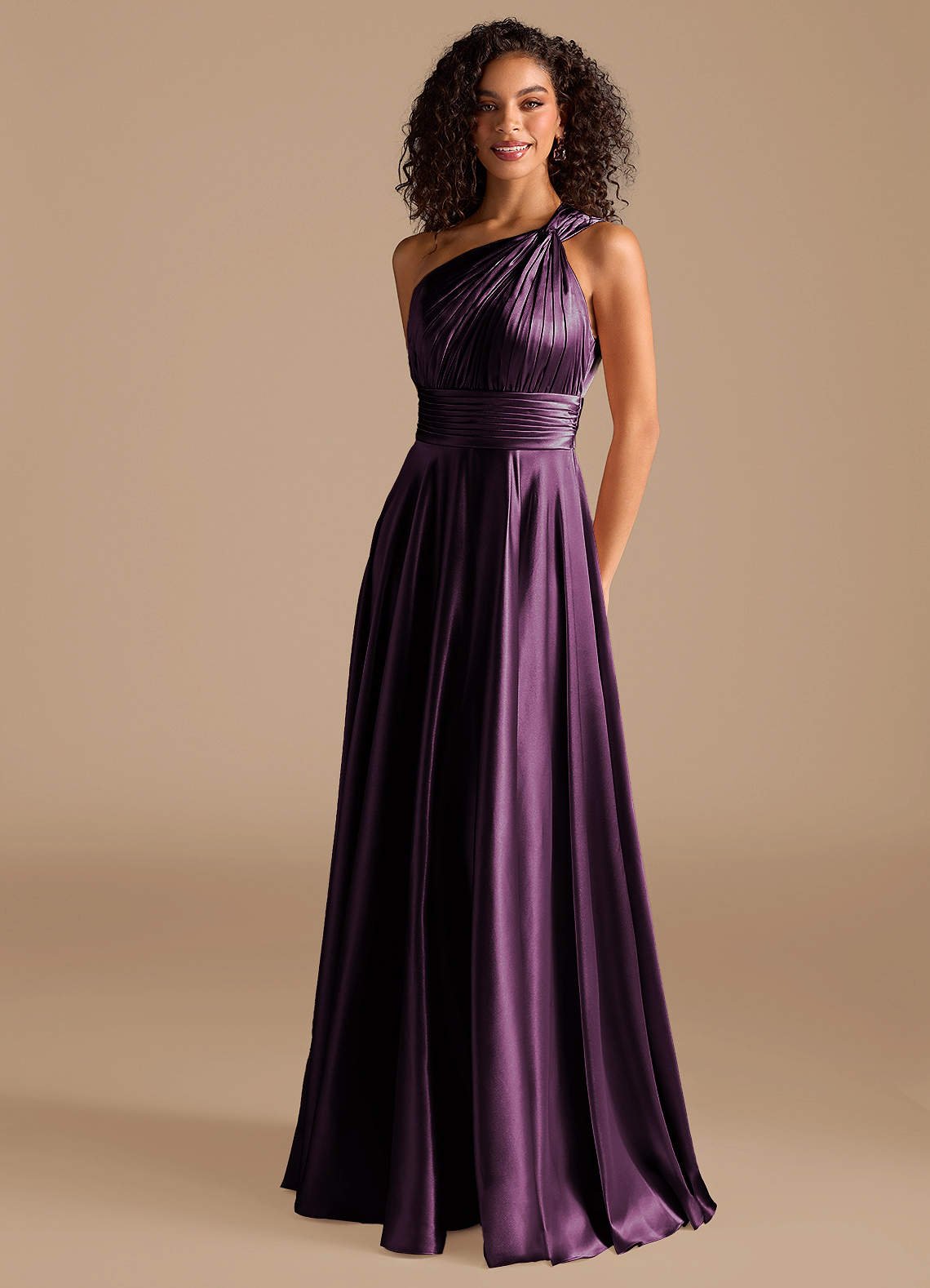 Charlize A-Line One-Shoulder Metallic Satin Bridesmaid Dress in Plum