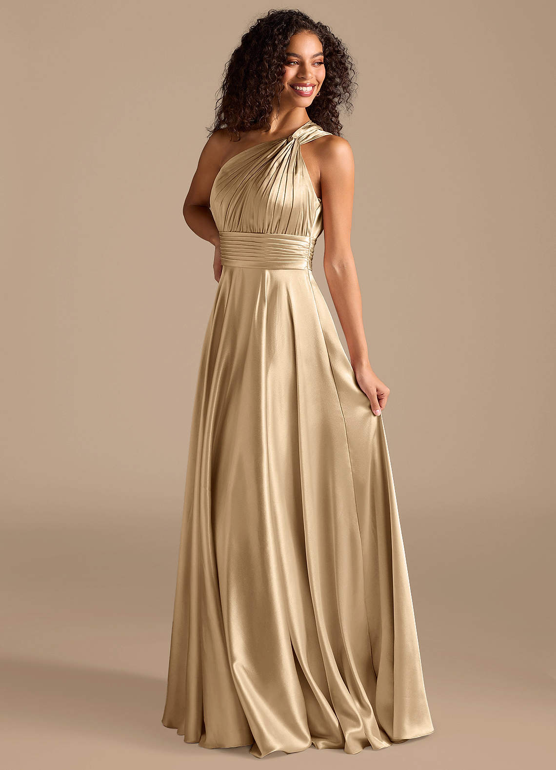 Charlize A-Line One-Shoulder Metallic Satin Bridesmaid Dress