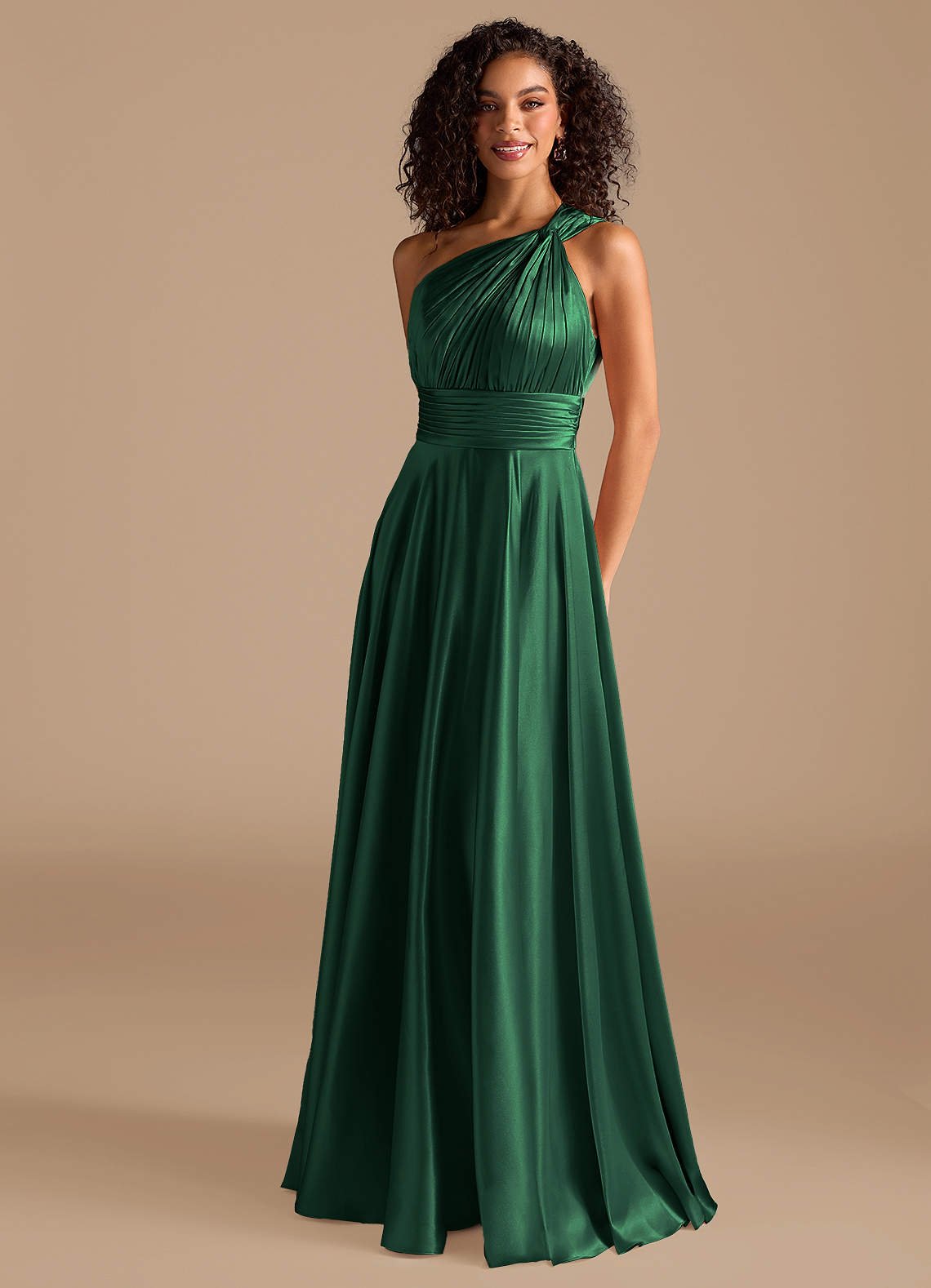 Charlize A-Line One-Shoulder Metallic Satin Bridesmaid Dress in Dark Green