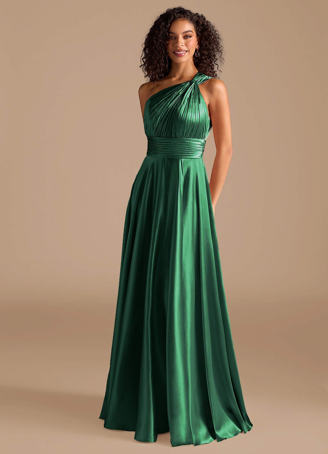Charlize A-Line One-Shoulder Metallic Satin Bridesmaid Dress in Dark Green