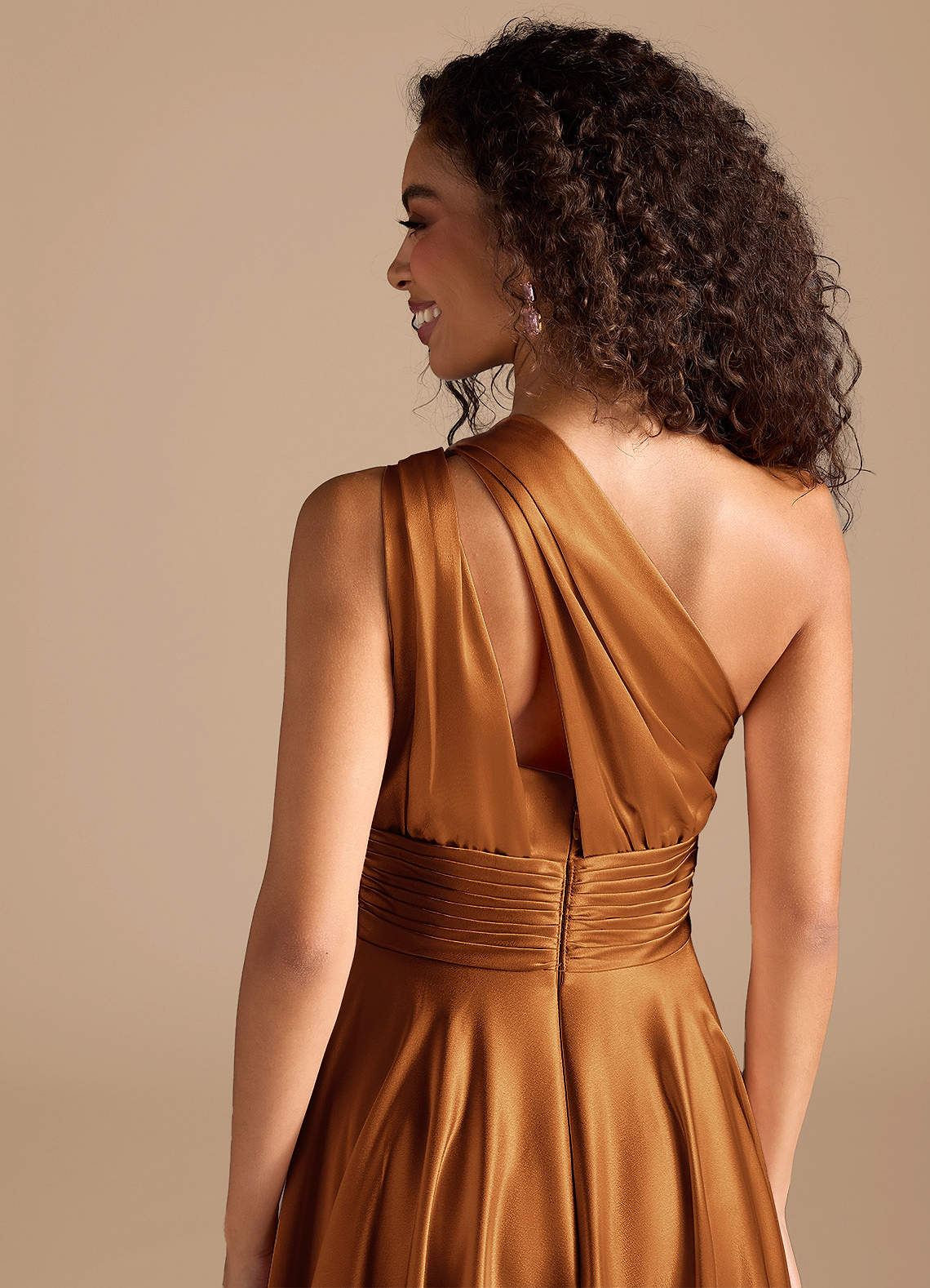 Charlize A-Line One-Shoulder Metallic Satin Bridesmaid Dress in Copper