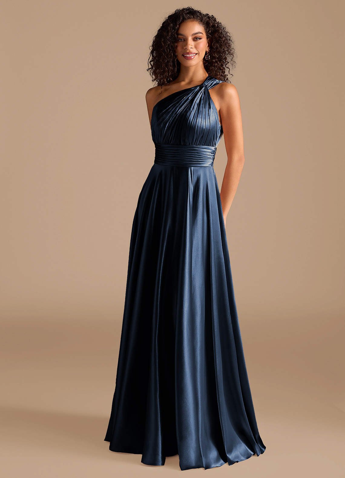 Charlize A-Line One-Shoulder Metallic Satin Bridesmaid Dress in Dark Navy