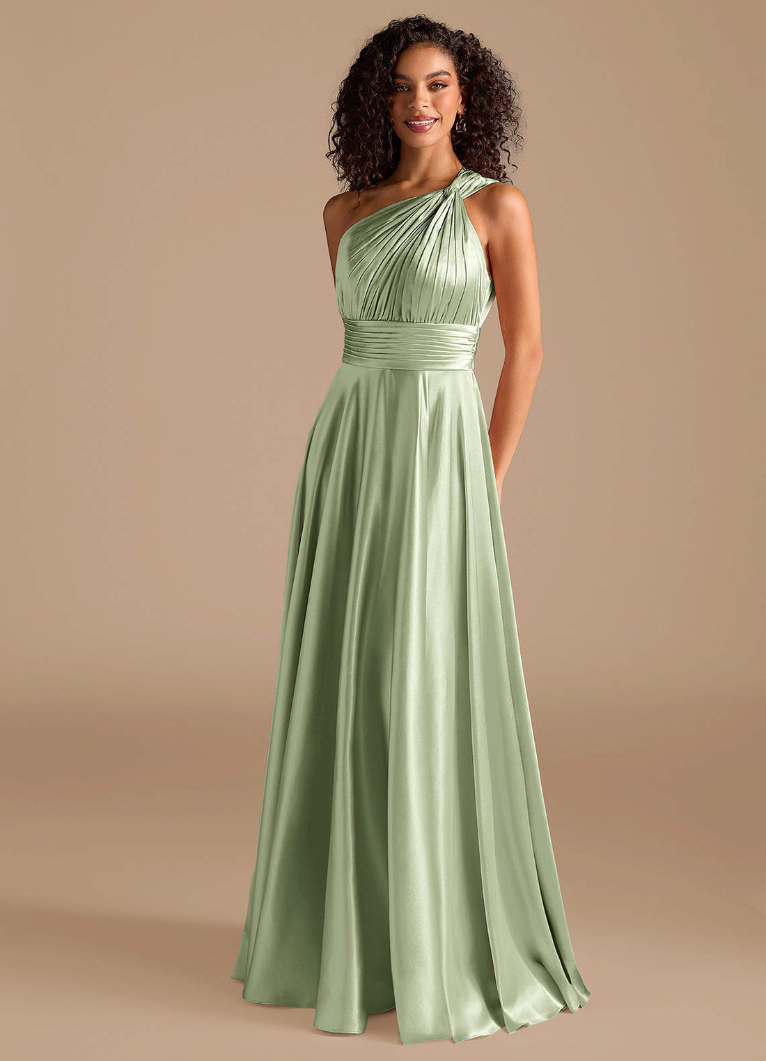 Charlize A-Line One-Shoulder Metallic Satin Bridesmaid Dress in Dusty Sage