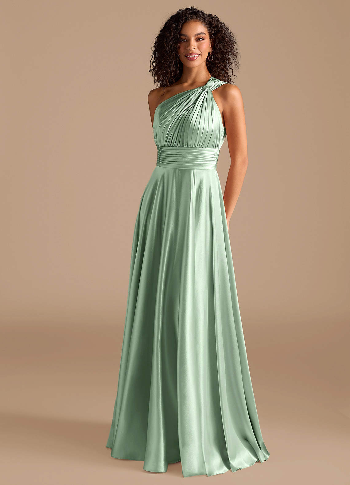 Charlize A-Line One-Shoulder Metallic Satin Bridesmaid Dress in Matcha