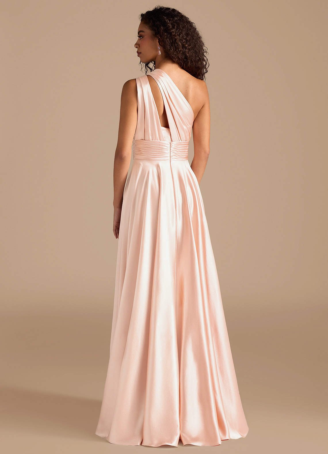 Charlize A-Line One-Shoulder Metallic Satin Bridesmaid Dress in rose gold