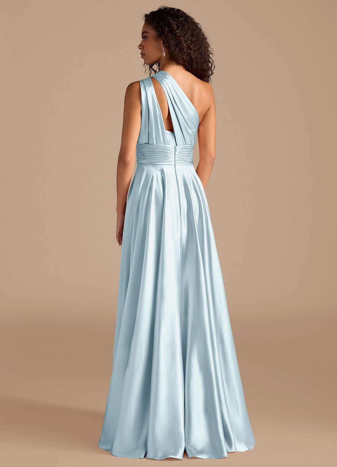 Charlize A-Line One-Shoulder Metallic Satin Bridesmaid Dress in Sky Blue