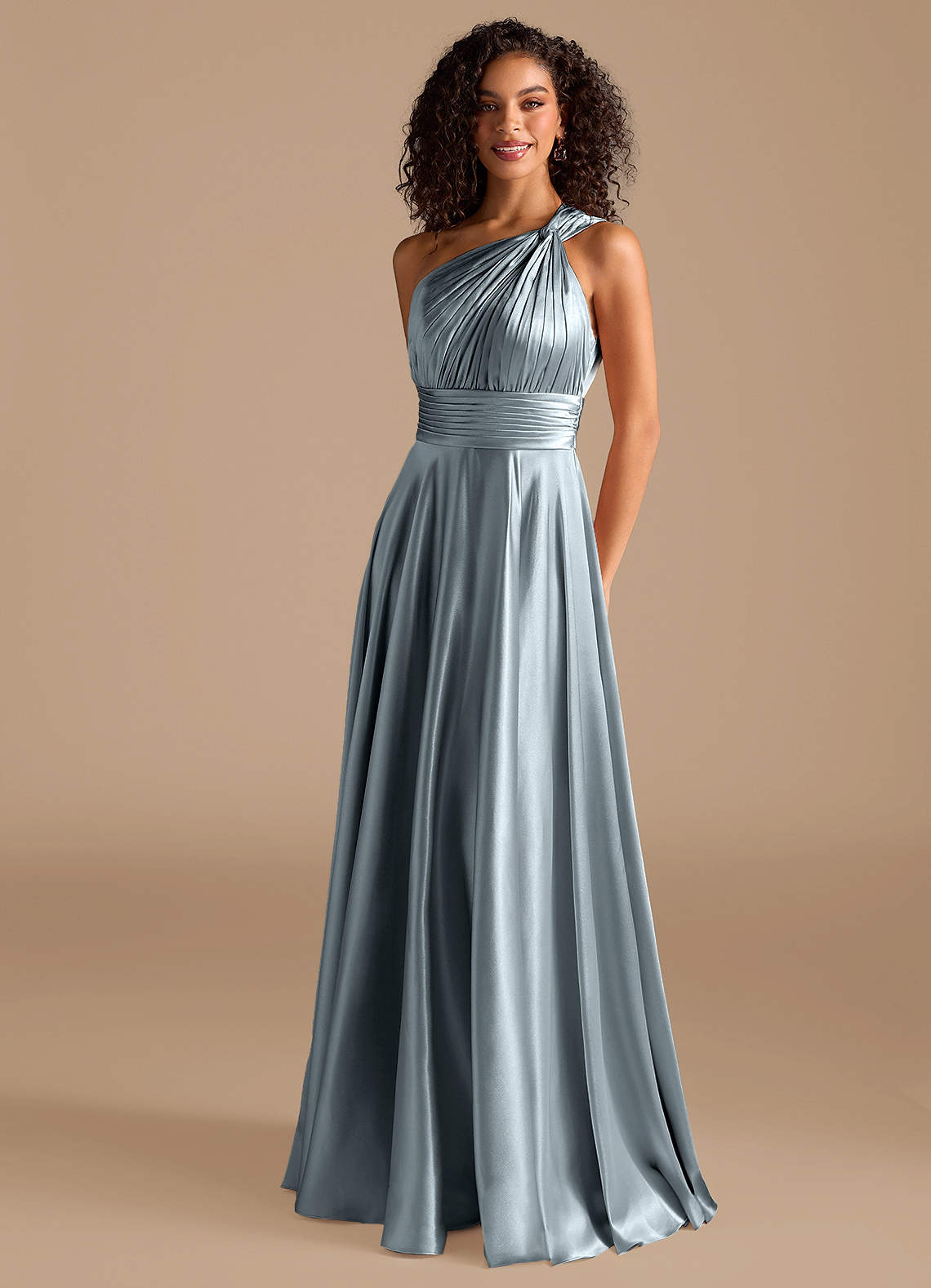 Charlize A-Line One-Shoulder Metallic Satin Bridesmaid Dress in dusty blue