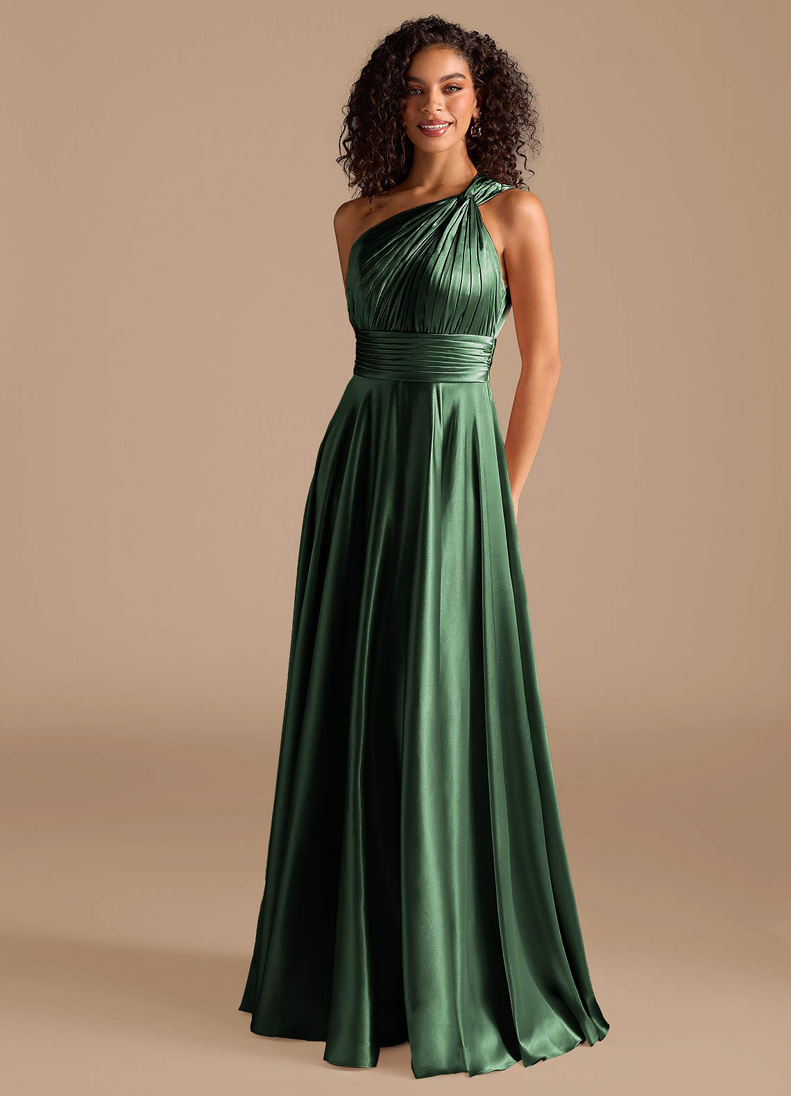 Charlize A-Line One-Shoulder Metallic Satin Bridesmaid Dress in Eucalyptus