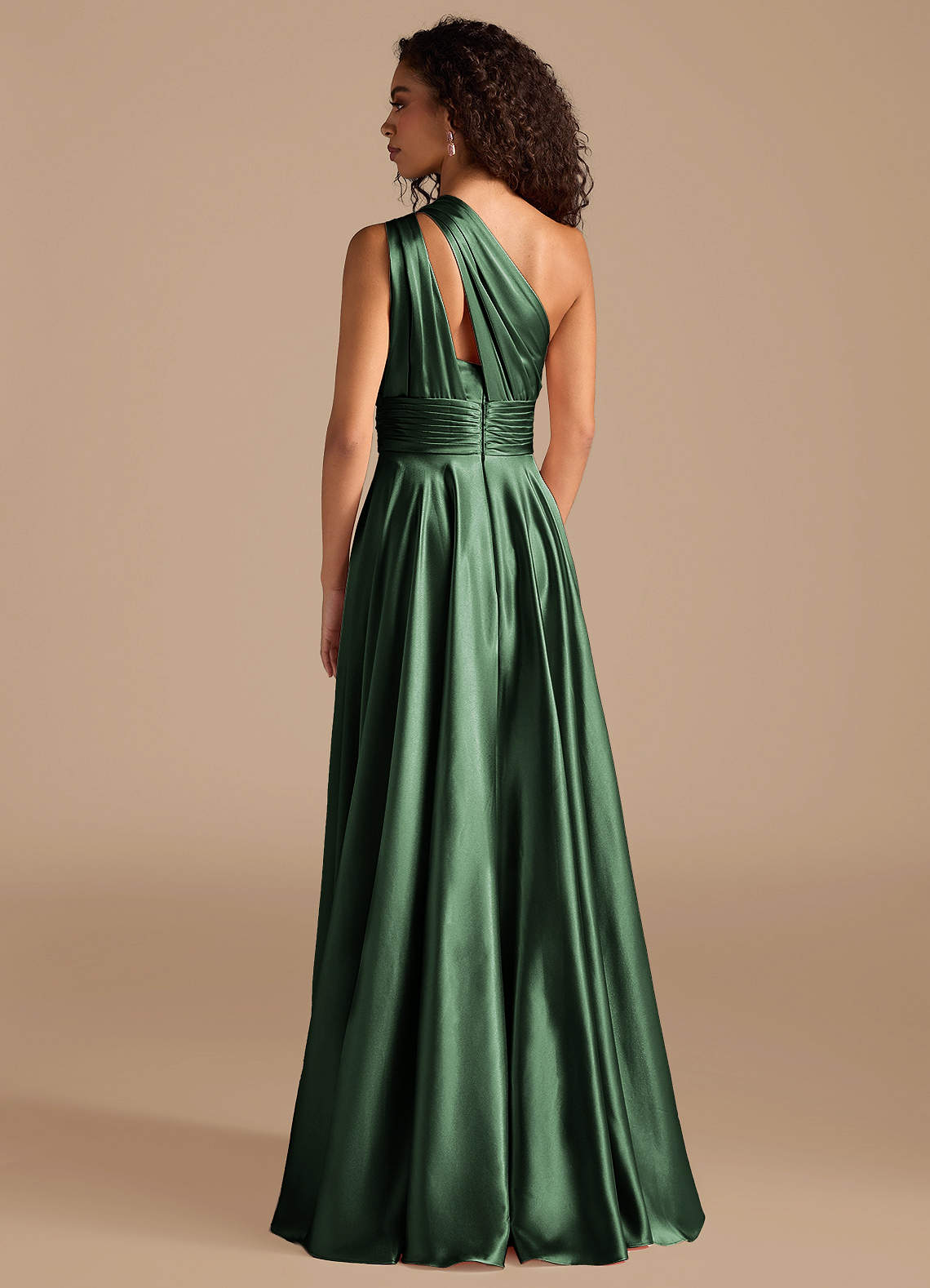 Charlize A-Line One-Shoulder Metallic Satin Bridesmaid Dress in Eucalyptus